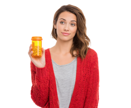 A woman considers a bottle of pills, contemplating her health and wellness options.