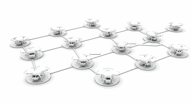 Drone network in 3d isometric style connecting for efficient delivery service