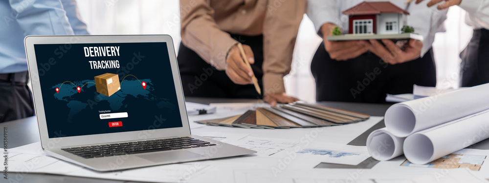 Poster group of interior architect designer discussing together on blueprint and laptop screen display arch
