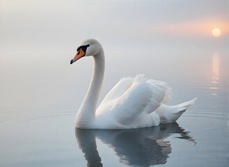 Obraz premium White Swan on Serene Lake at Sunrise, Peaceful Wildlife Scene in Nature