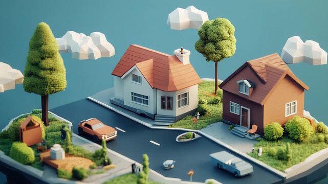 Low poly floating island with houses, cars, and trees representing suburban life