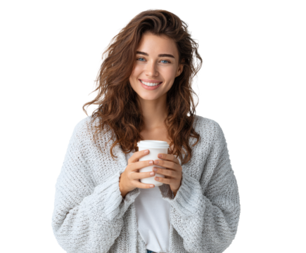 Happy woman with a warm beverage