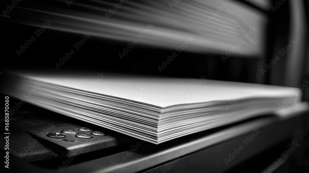 Poster closeup of a laser printer feeding highvolume forms with sharp focus on the paper stack while the pr