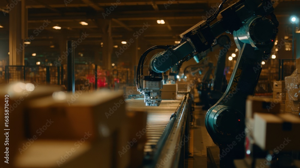 Poster medium shot capturing overnight robotic restock operations with a focus on precise arm movements aga