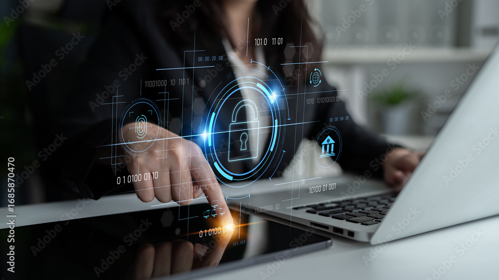 Aufkleber cybersecurity system interface with biometric lock and data protection. cybersecurity protects acces