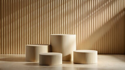 Four cylindrical pedestals of varying heights are arranged on a concrete floor in front of a fluted beige wall, with soft sunlight casting shadows