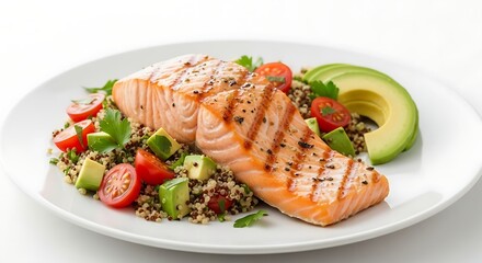 Healthy Grilled Salmon Fillet with Vibrant Quinoa, Avocado, and Cherry Tomato Salad on White Plate.
