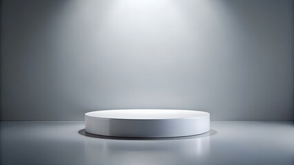 Fototapeta premium A single white cylindrical pedestal stands on a reflective gray floor, illuminated by a spotlight from above against a plain gray wall