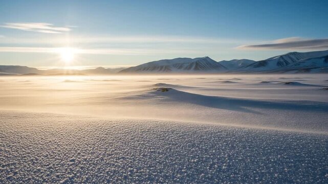 Arctic winter landscape, sunlit snow