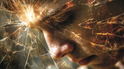 Shattered reflection of person's face with bright light at forehead area