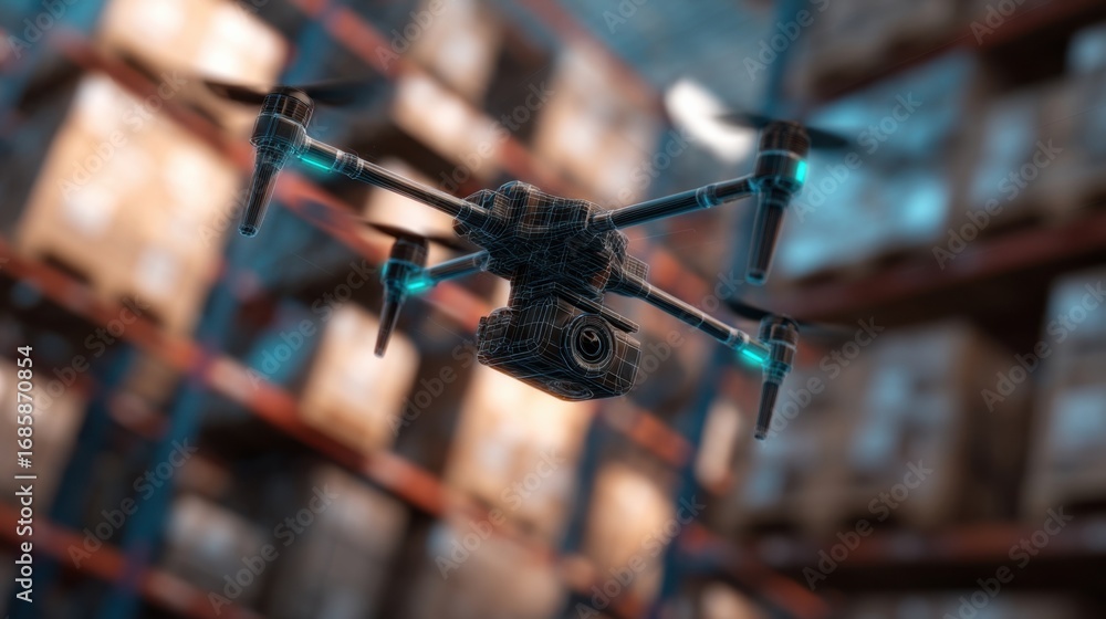 Poster closeup of a drones highresolution camera focused on a stack of labeled pallets showcasing the accur