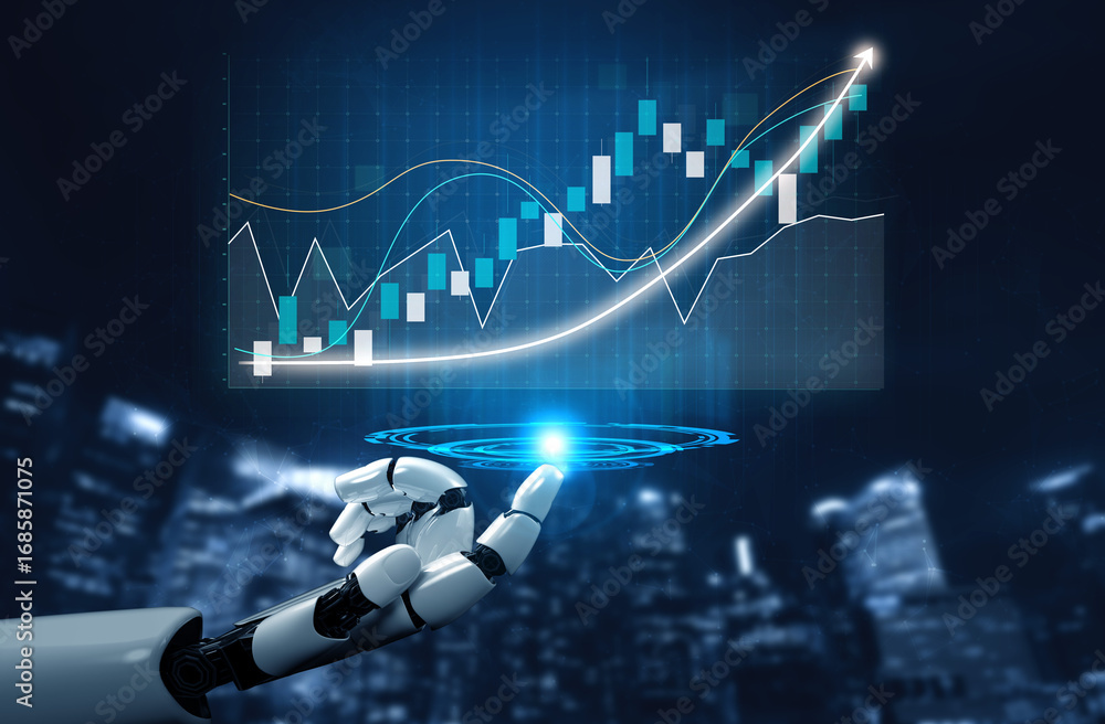 Poster a humanoid robot hand is showcasing a holographic financial chart in a vibrant tech environment, emp
