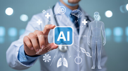 Doctor interacting with ai interface displaying human anatomy and medical icons in a modern setting