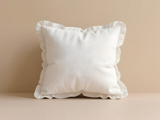Decorative white pillow mockup with ruffled edges on warm beige background