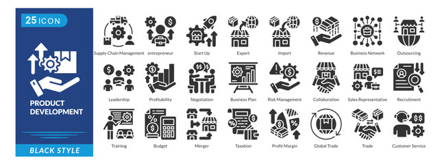 Product Development icon set in black style, featuring Ecommerce, Supply Chain, Startup, Import Export, Revenue, and Leadership.