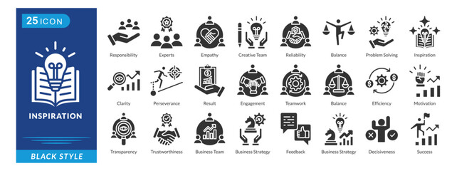 Inspiration icon set in black style, featuring Responsibility, Empathy, Reliability, Balance, Motivation, Clarity, and Perseverance.