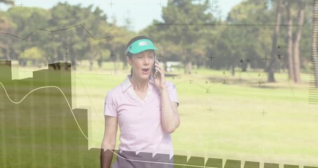 Golf tech showing rising bars line graph as female golfer answering smartphone call walking fairway - Powered by Adobe