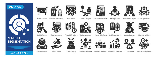 Market Segmentation icon set in black style, featuring Business Partnerships, Secured Investment, Cash Outflow, Deals, and Manager Roles.