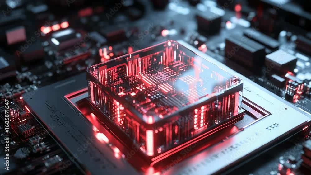 Poster quantum computing processor illuminating motherboard circuitry