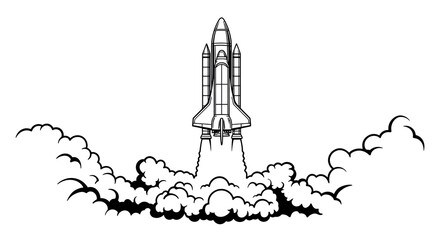 Black and white linear style space shuttle launch with billowing smoke
