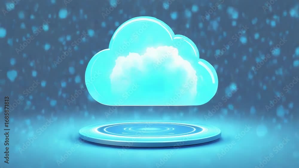 Poster cloud computing concept, glassy cloud floating above futuristic platform