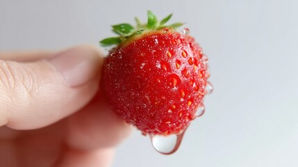 Holding a vibrant red strawberry with water droplets against a soft white background