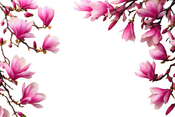 Fototapeta premium Pink magnolia blossoms frame a black background (2)