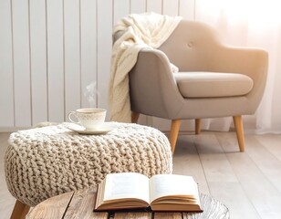 Cozy living room scene with a cup of tea, open book, and armchair