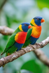 Fototapeta premium Two colorful rainbow lorikeets perching on a branch