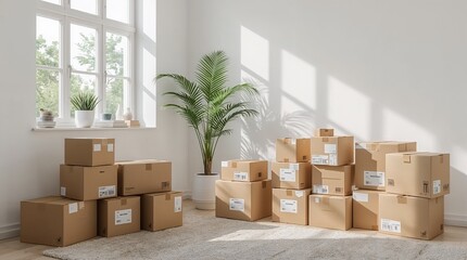 Packed cardboard boxes stacked in bright room near window with plant. Comfortable moving 