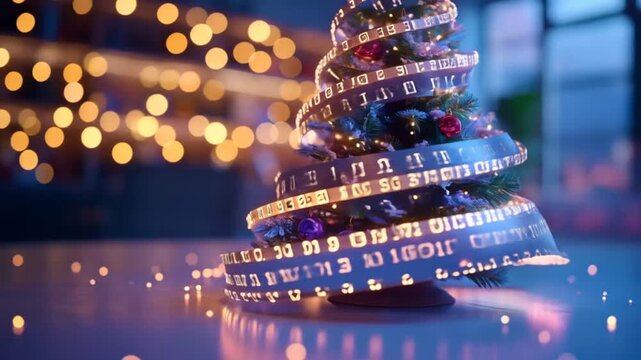 Digital Christmas Tree with Binary Code Ribbon Decoration