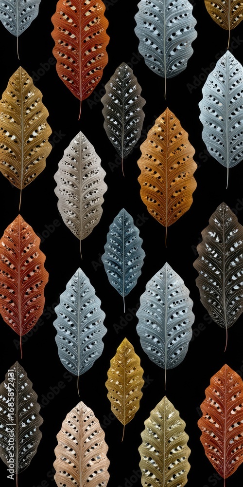 Poster a vibrant pattern of various leaf shapes and colors against a stark black background. intricate deta