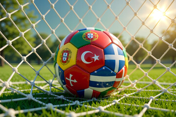 A soccer ball with country flags in a net on green grass with a bright sun shining