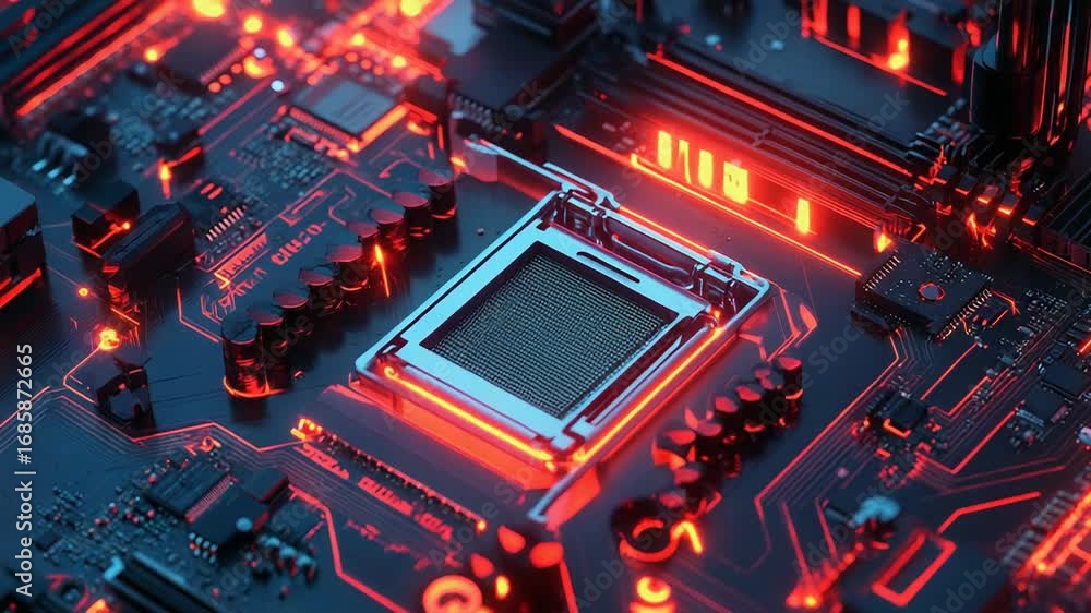 Poster motherboard components lighting up showing cpu socket and capacitors