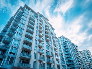 Fototapeta premium Close view of a high-rise apartment showcasing sleek architecture and balconies against a vivid blue sky filled with clouds