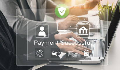 Successful transaction message showing secure payment. Payment confirmed, secured, payment...
