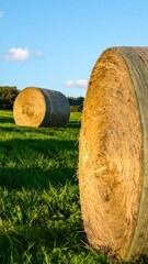 Two large hay bales in a field under a partly sunny sky