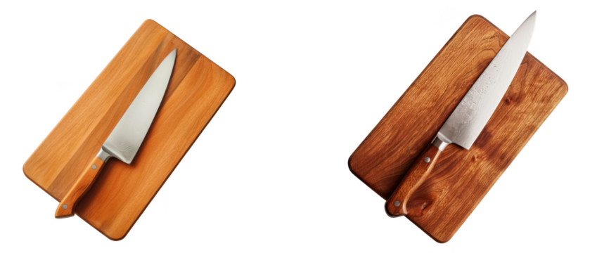 Chefs knife on a wooden cutting board, isolated on transparent background