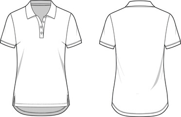 Women’s polo shirt design, front and back views, short sleeves, button placket, collar detail, casual wear, vector illustration