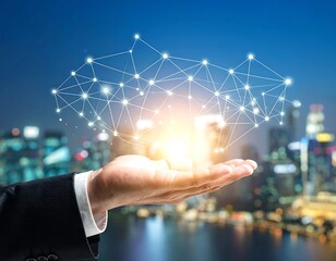 Hand holding a glowing network graphic over a cityscape