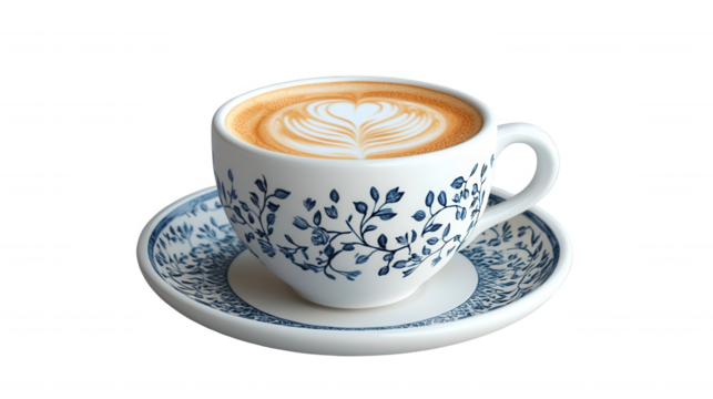Realistic 3D Blue Pattern Coffee Cup and Saucer Filled with Coffee – Transparent Background