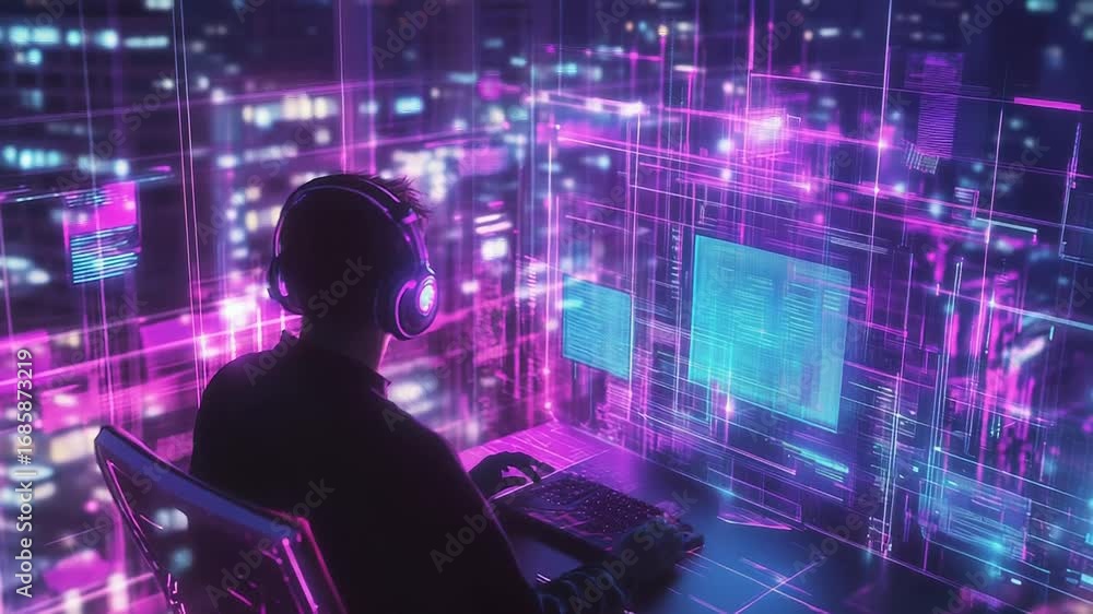Poster programmer working with futuristic holographic computer interface and city lights in background