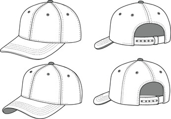Baseball cap design template, four different views, front view, back view, adjustable strap, detailed stitching, vector illustration, fashion accessory