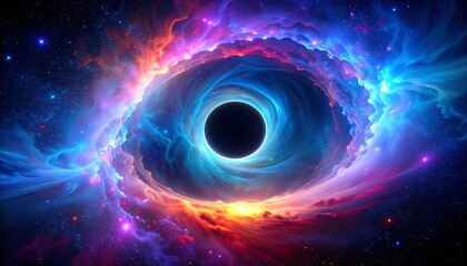 A vibrant depiction of a cosmic vortex, swirling nebulae, and a central black hole, filled with dynamic colors and ethereal beauty.