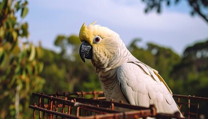 Obraz premium A captivating cockatoo, showcasing its elegant plumage and inquisitive gaze, perched within an aged metal enclosure against a backdrop of lush greenery.