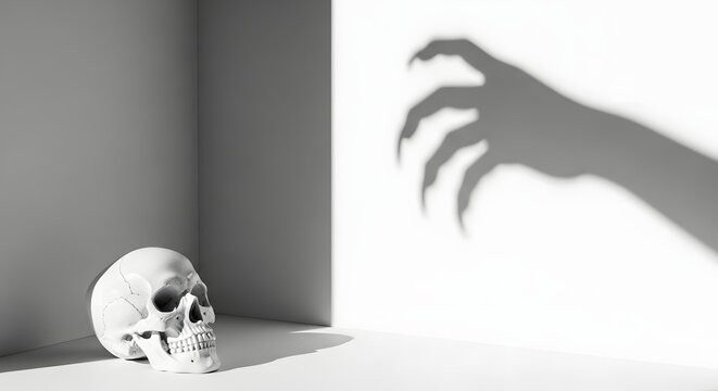A human skull sits in a stark, minimalist room as a monstrous claw hand casts a menacing shadow on the wall, symbolizing death and horror