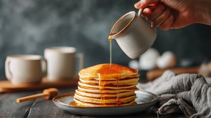 Syrup pours on pancake stack, mugs & eggs blurred behind, wood table