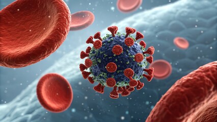 Microscopic view of a coronavirus particle surrounded by red blood cells