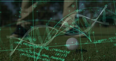 Mature male golfer shifting club behind ball on turf, starting rotating DNA helix analytics overlay - Powered by Adobe