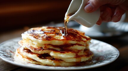 Pancakes stacked on plate, syrup pouring from pitcher
